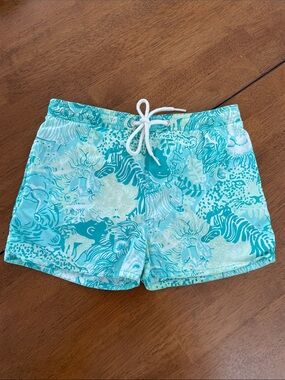 Lilly Pulitzer Boys Turquoise & Mint Animal Print Swim Trunks